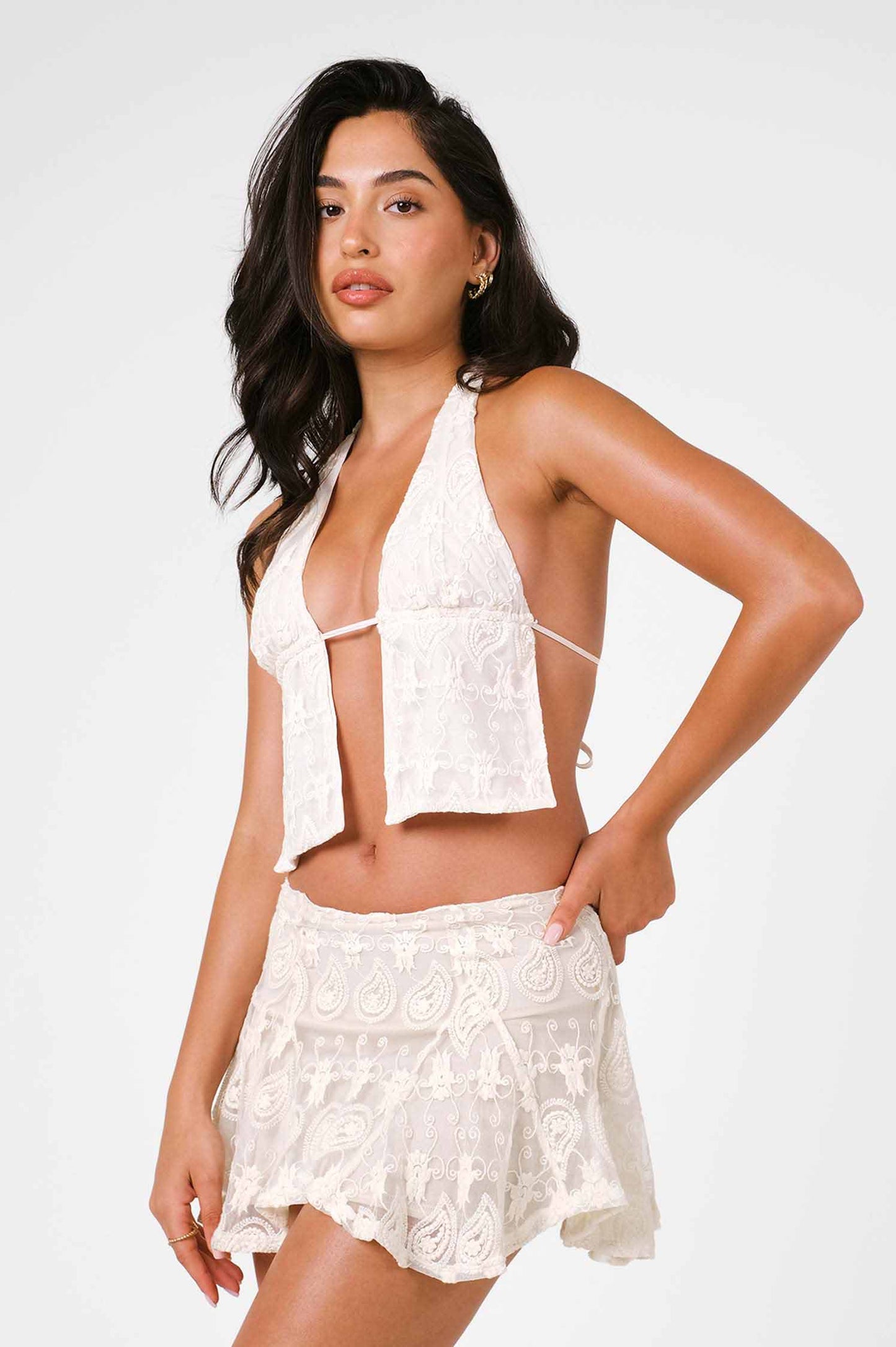 Suki Ruffled Mini Skirt / Sandstone Lace